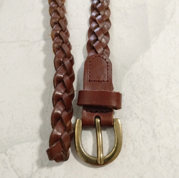 Braided Brown Leather Belt with Gold Buckle Sz S/M Skinny Adjustable - Picture 3 of 11